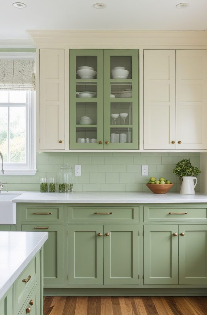 Two-Tone Kitchen with Sage Green Base Cabinets