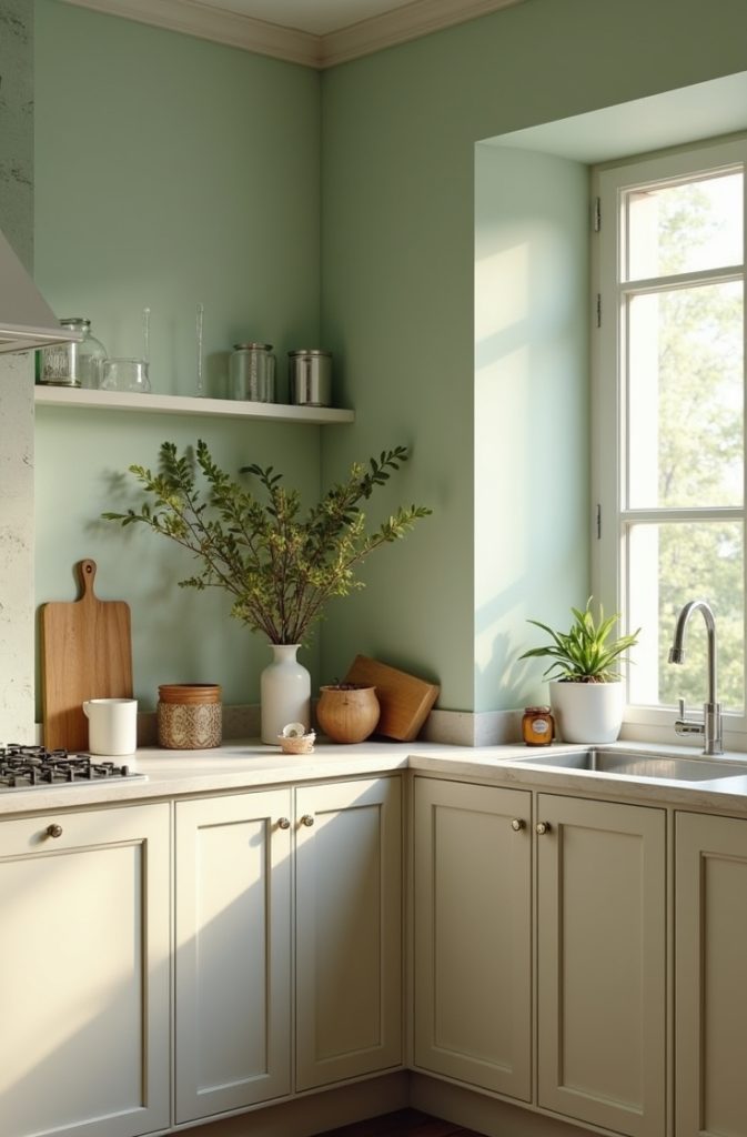   Sage Green Walls with Neutral Cabinetry