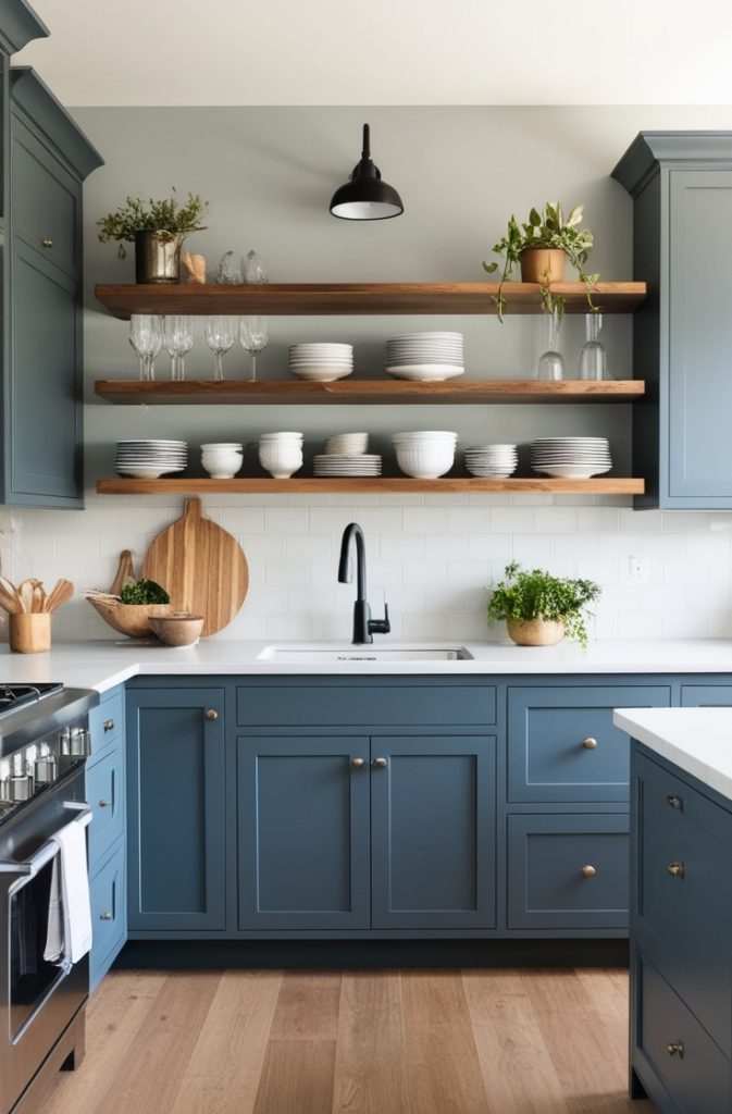 Blue-Gray Cabinets with Open Shelving