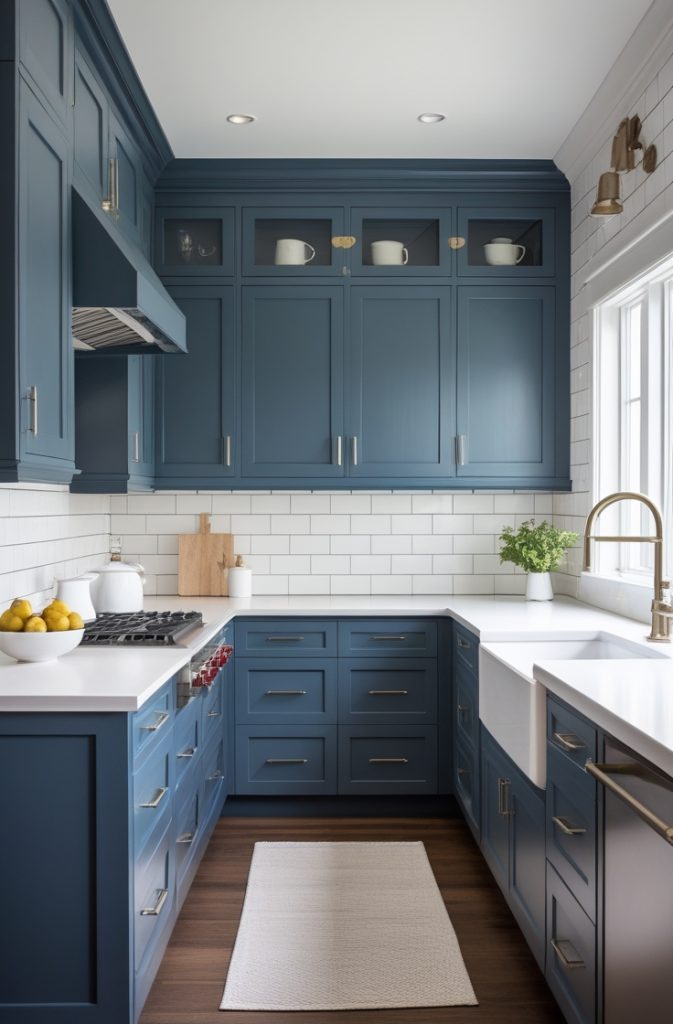 Deep Blue-Gray Cabinets with White Countertops