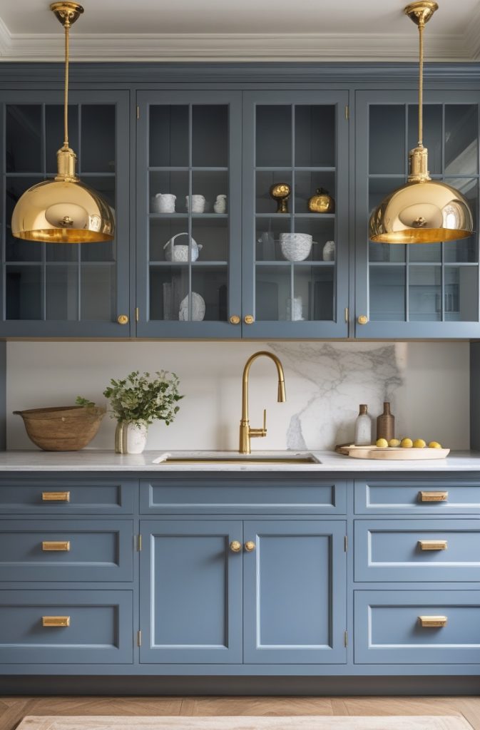 Blue-Gray Cabinets with Gold Accents