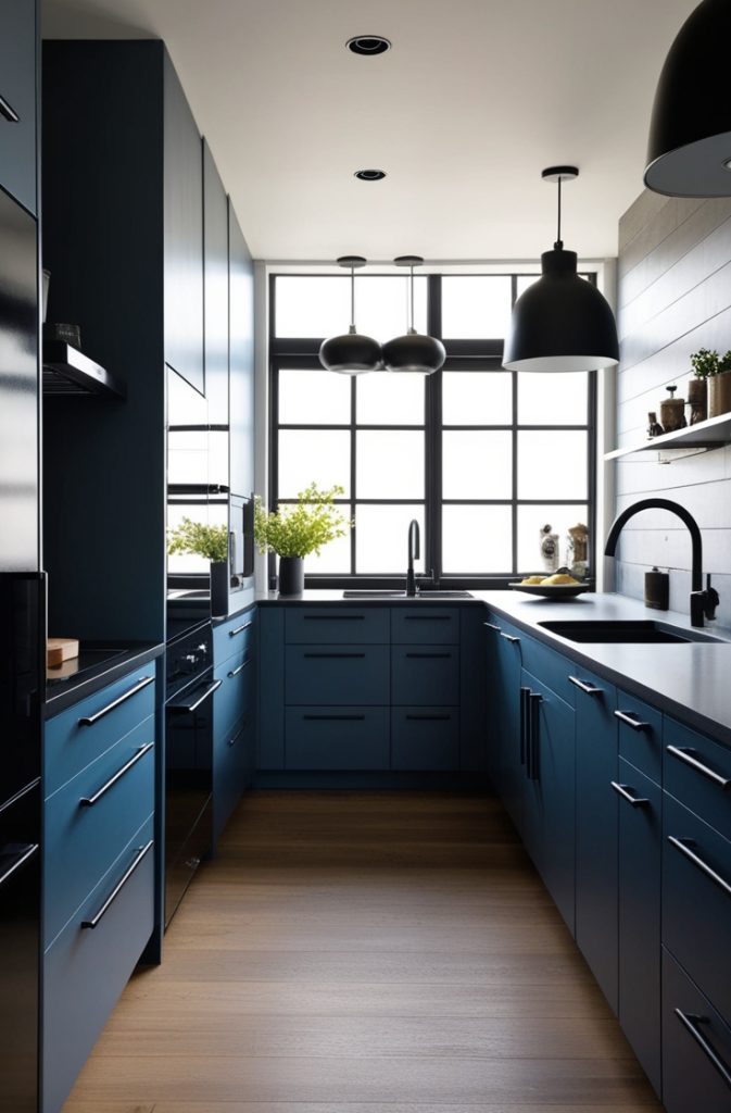 Blue-Gray Cabinets with Black Hardware