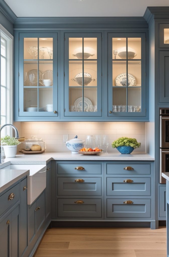 Blue-Gray Cabinets with Glass Front Doors