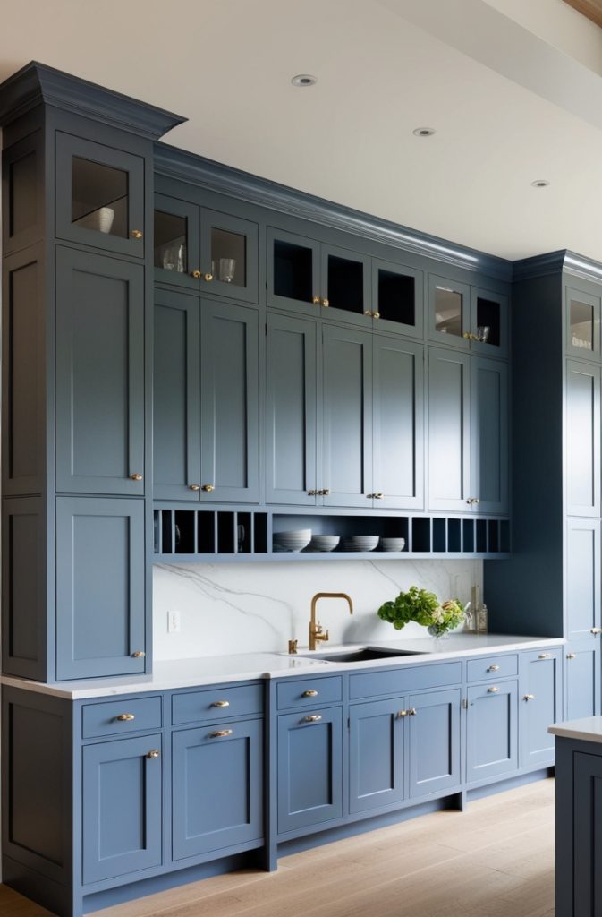 Blue-Gray Cabinets with Ceiling-High Cabinetry