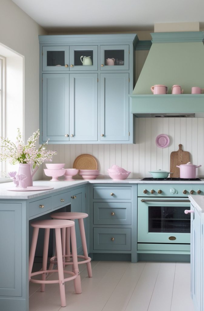 Blue-Gray Cabinets with Soft Pastel Accents