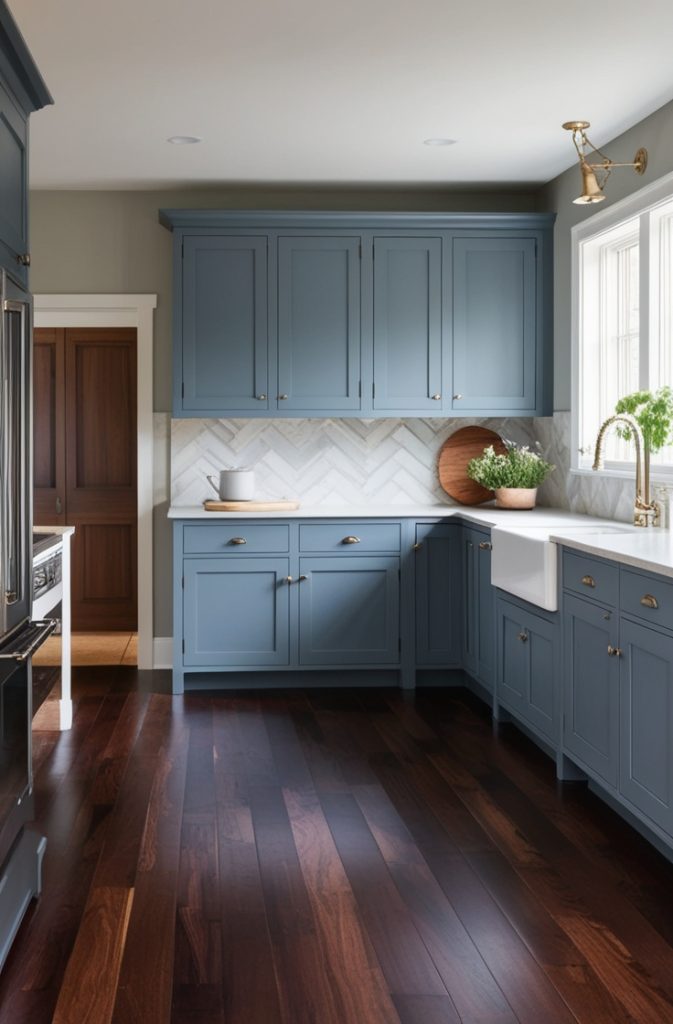 Blue-Gray Cabinets with Dark Wood Flooring