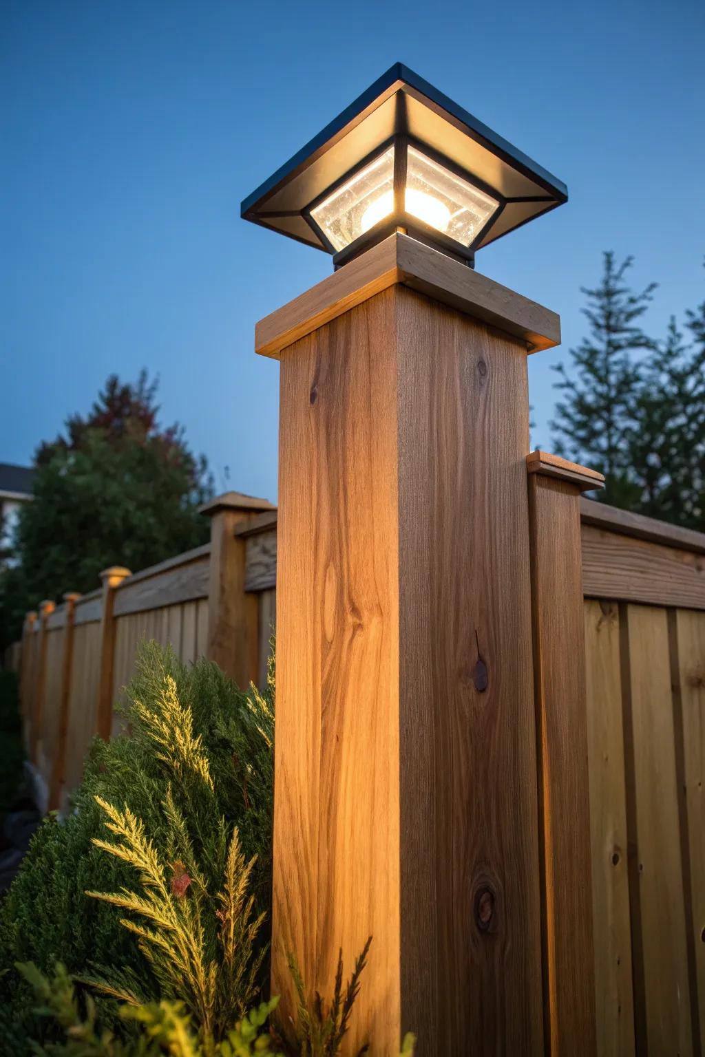Eco-conscious elegance: Illuminate your area with cedar pillars and solar illumination.