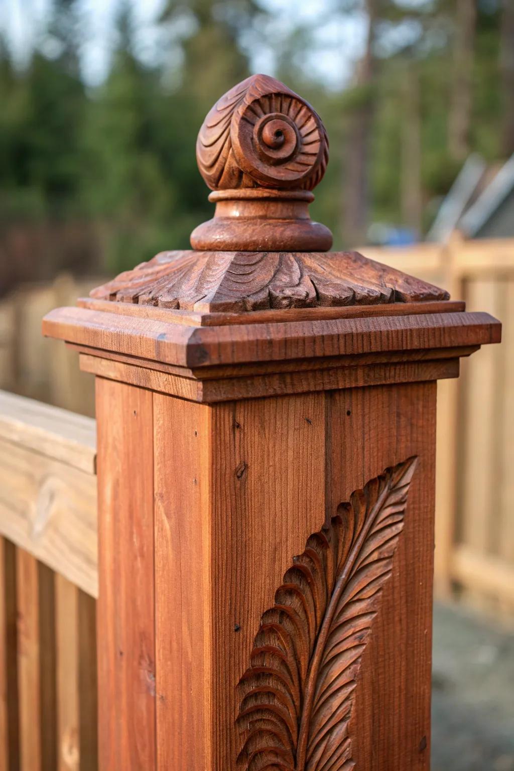 Elevate your boundary with a hint of artistry: handcrafted ornamental crowns on cedar pillars.