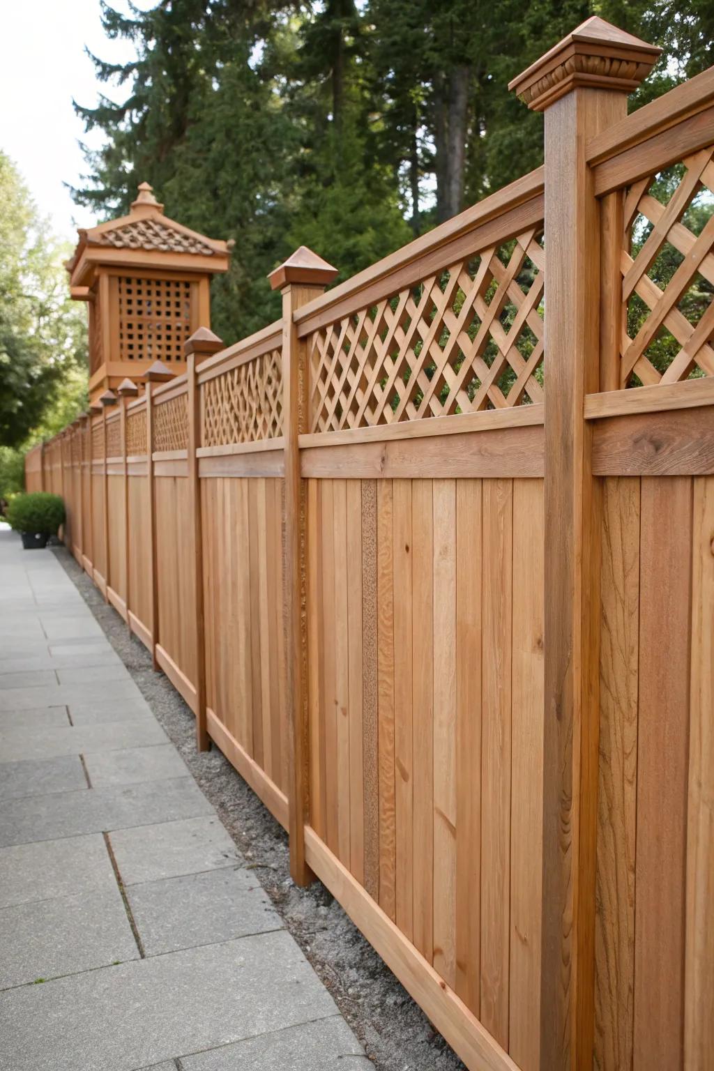 Elevate your outdoor area with the elegance of a cedar pillar boundary adorned with magnificent latticework.