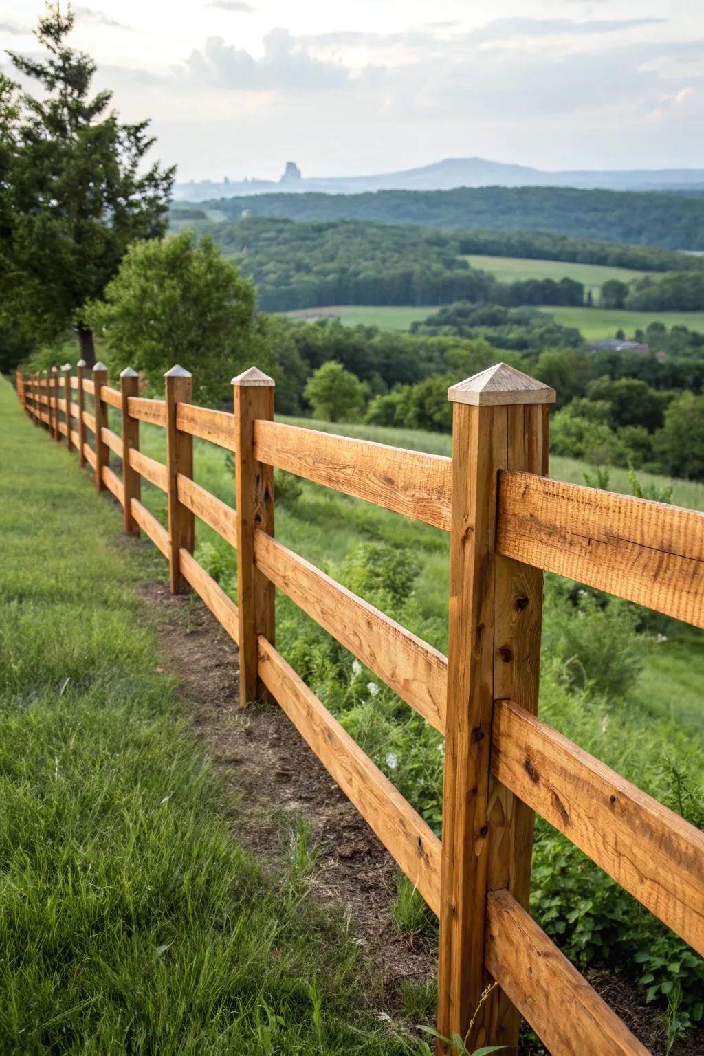 Celebrate rustic allure with a traditional split rail cedar boundary, where artistry converges with the natural world.