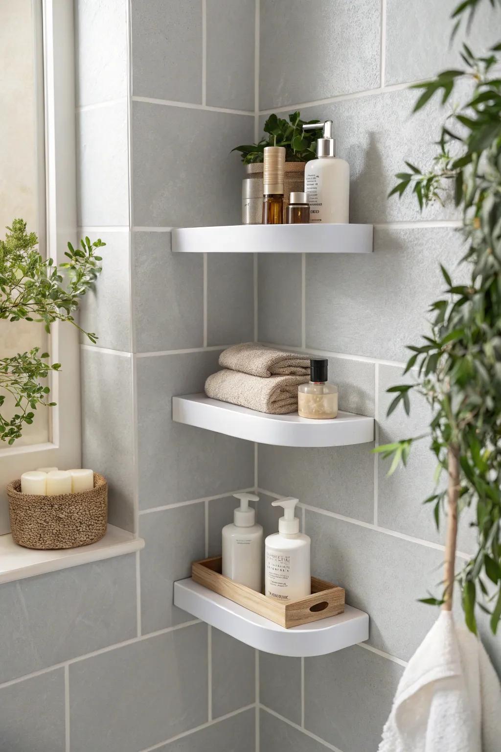 Elevate your shower space with stylish corner shelves that blend simplicity and functionality.