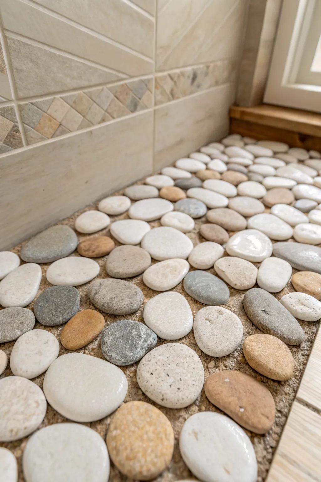 Transform your shower into a serene oasis with the simple elegance of decorative stones. 🌿🛁 #SpaVibes #MinimalistBeauty