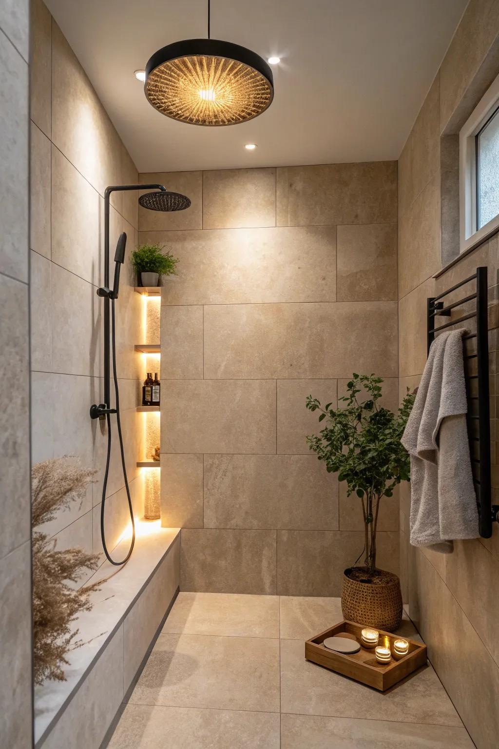Transform your shower into a serene escape with the magic of minimalist lighting. #ShowerBliss #ScandiBoho