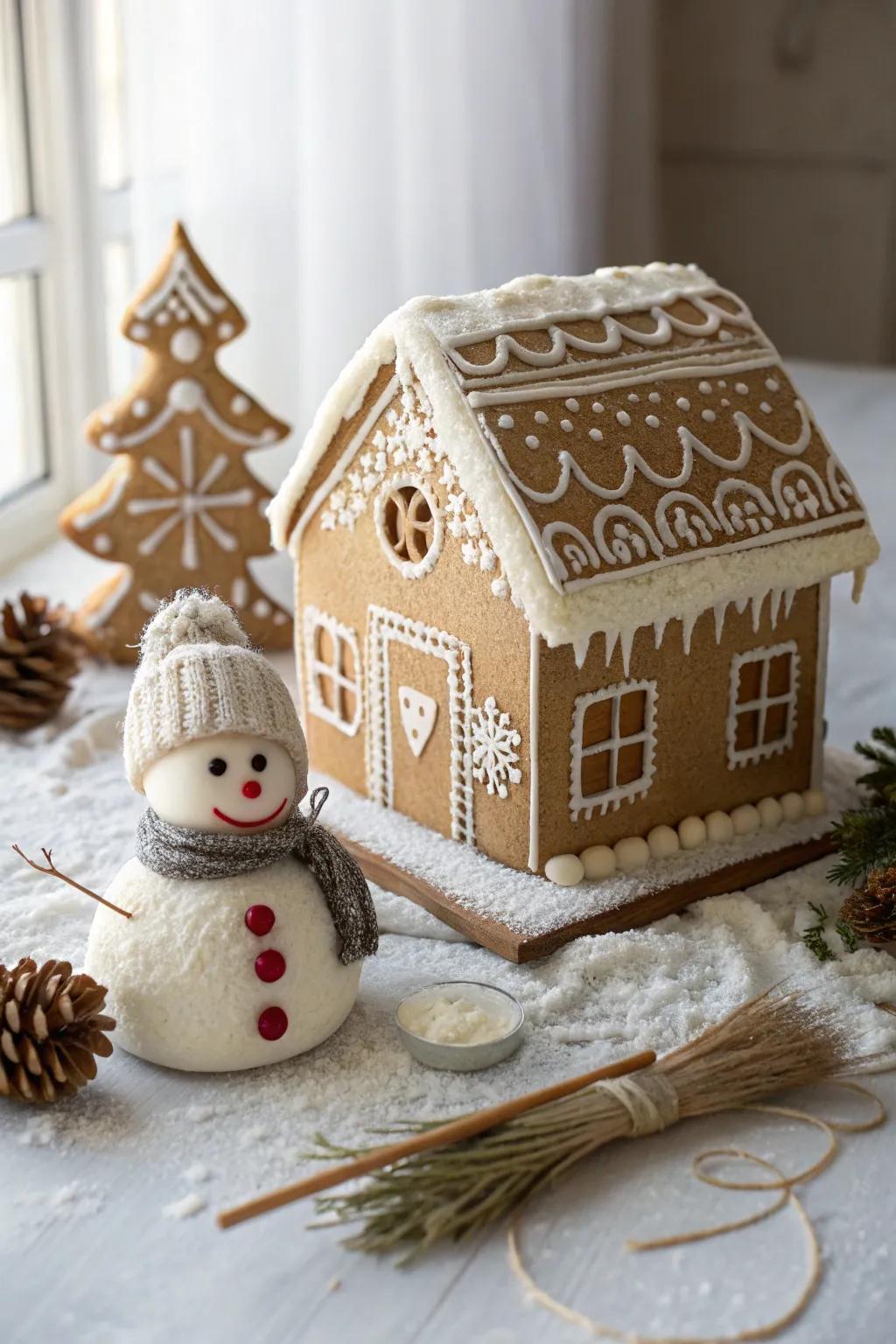 Delight in the unadorned splendor of a sugarbread abode, embellished with a whimsical soft sweet snow figure, ideal for a snug winter's period.