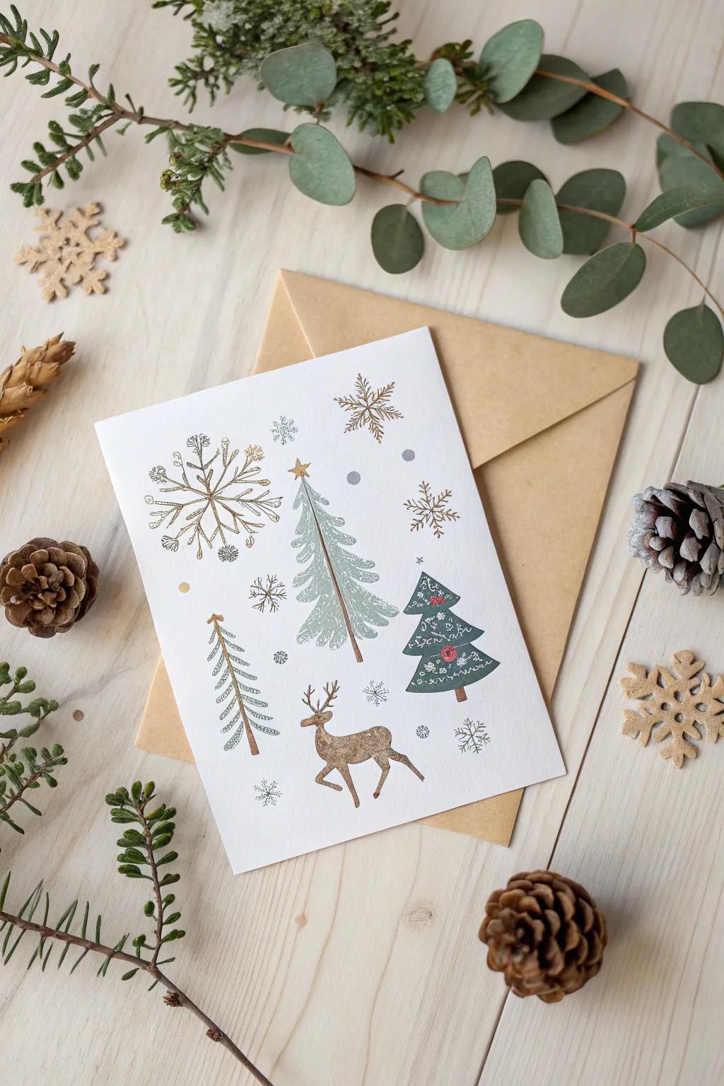 Create your own winter wonderland with charming sticker scenes on minimalist Christmas cards.