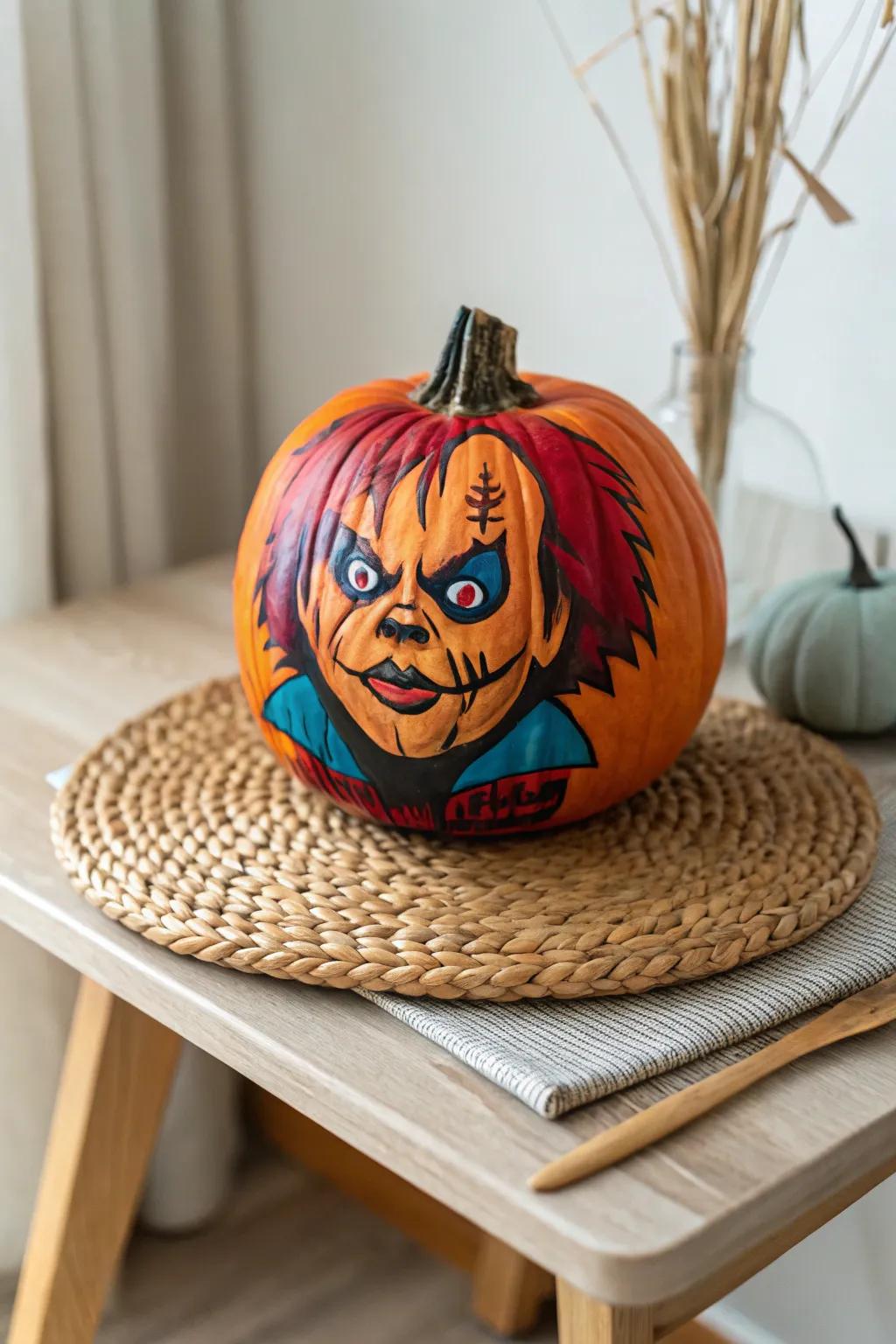 Transform your Halloween decorations by using a stunning Chucky-inspired painted pumpkin, that combines simple and boho style!