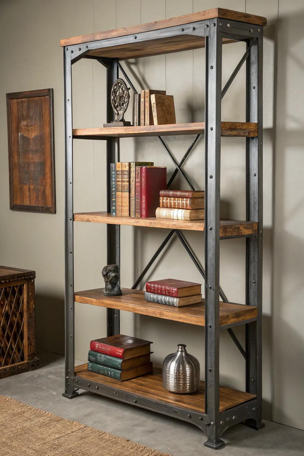 Combine metal and wood to create a stylish industrial bookshelf that's both sturdy and elegant.