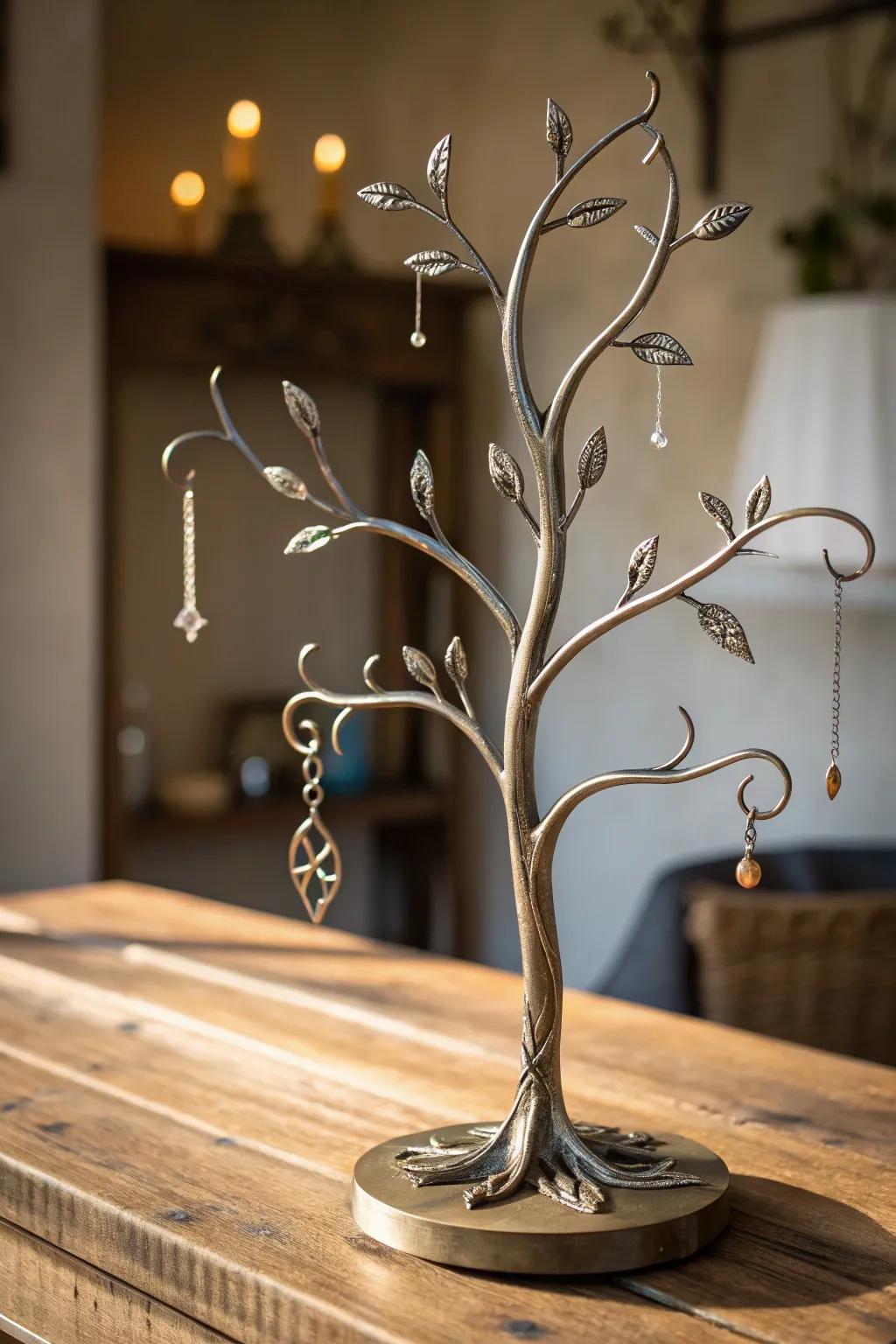 Showcase your jewelry elegantly with a handcrafted metal jewelry tree that keeps pieces tangle-free.
