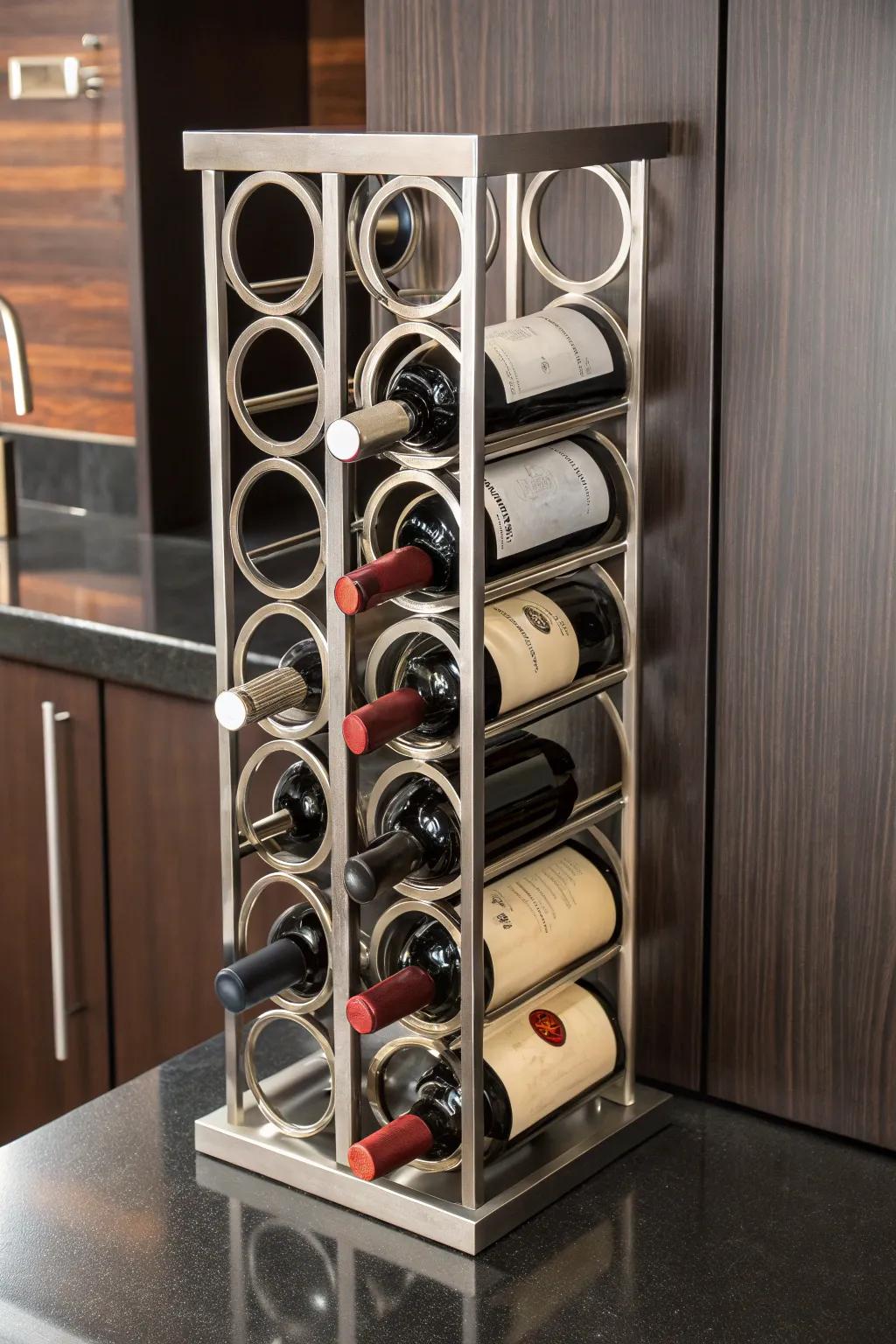 Upgrade your dining area with a sleek, handcrafted metal wine rack that blends style and practicality.