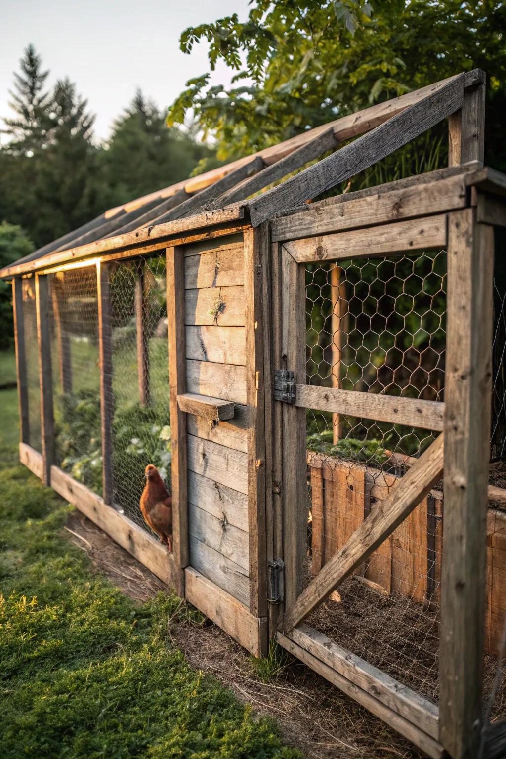 Improve your chicken area with creative craftsmanship using recycled materials.