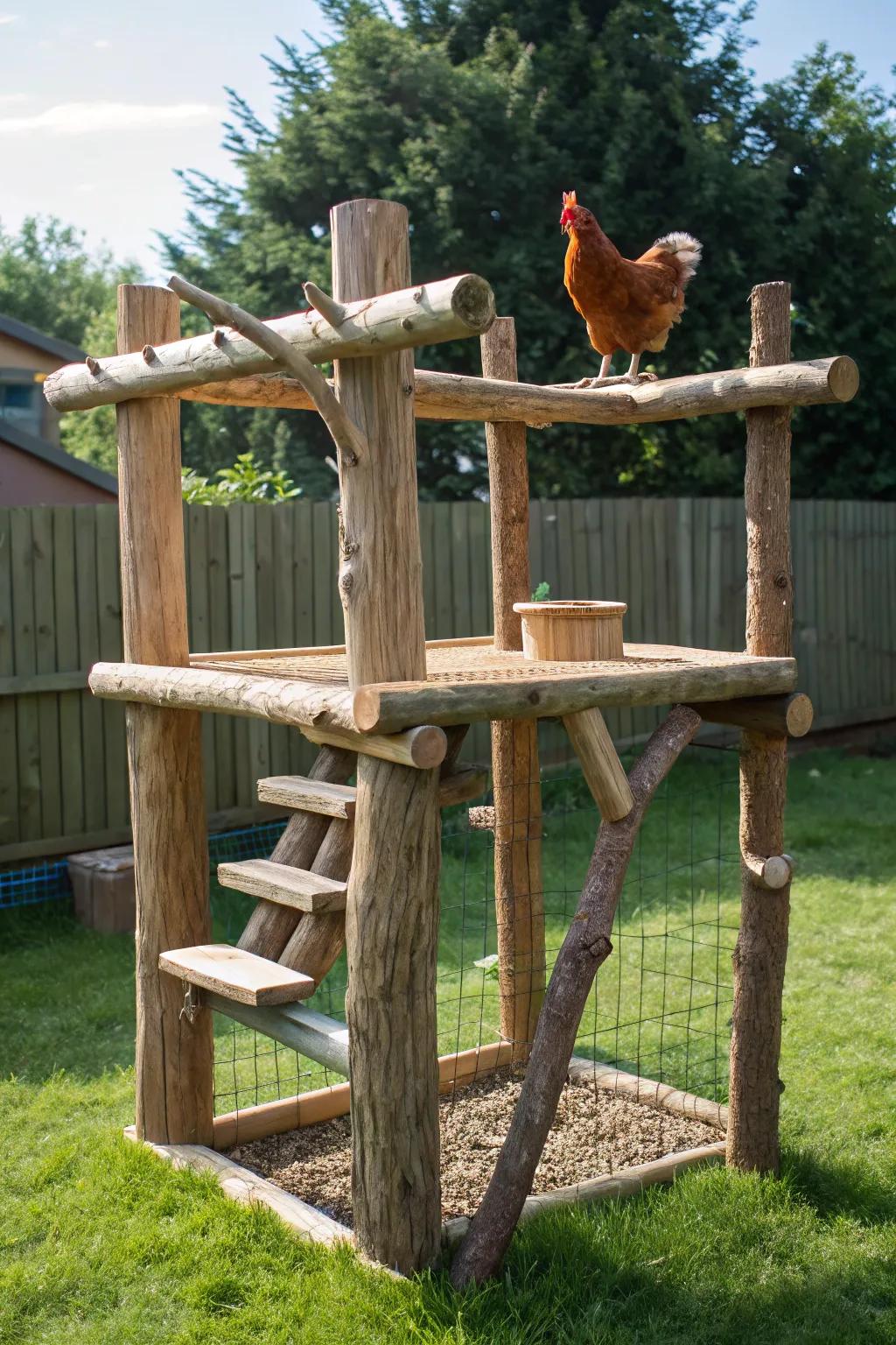 Raise your chicken area with handmade perches that provide a new vantage point.