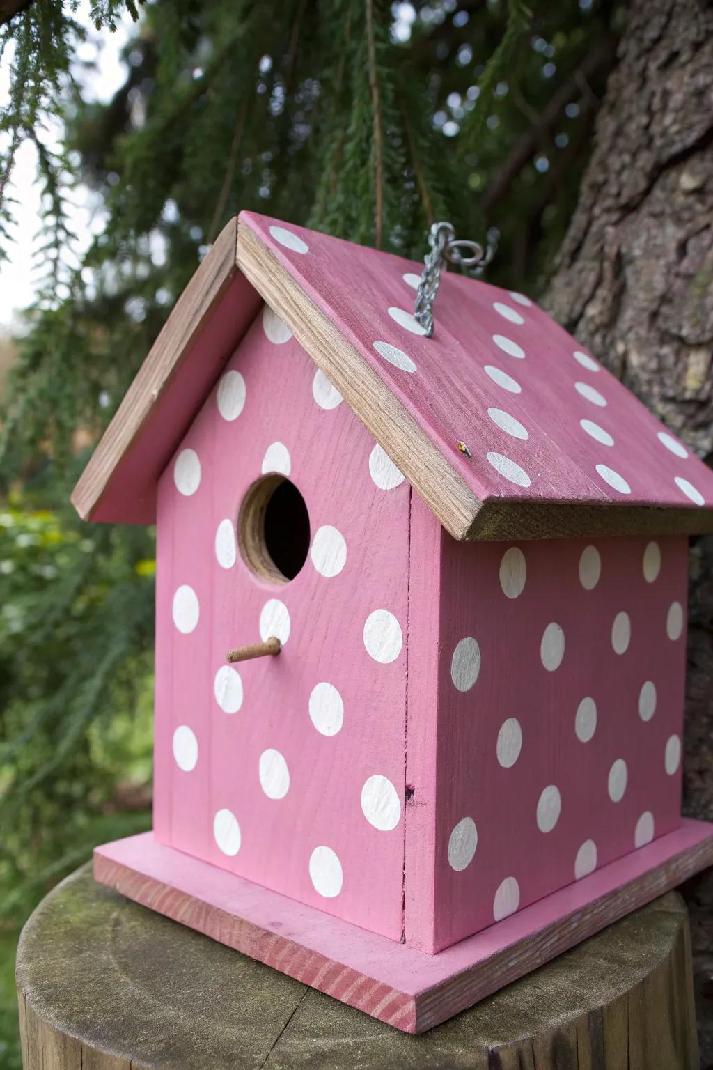 Introduce a hint of whimsy to your garden with this playful spotted birdhouse!