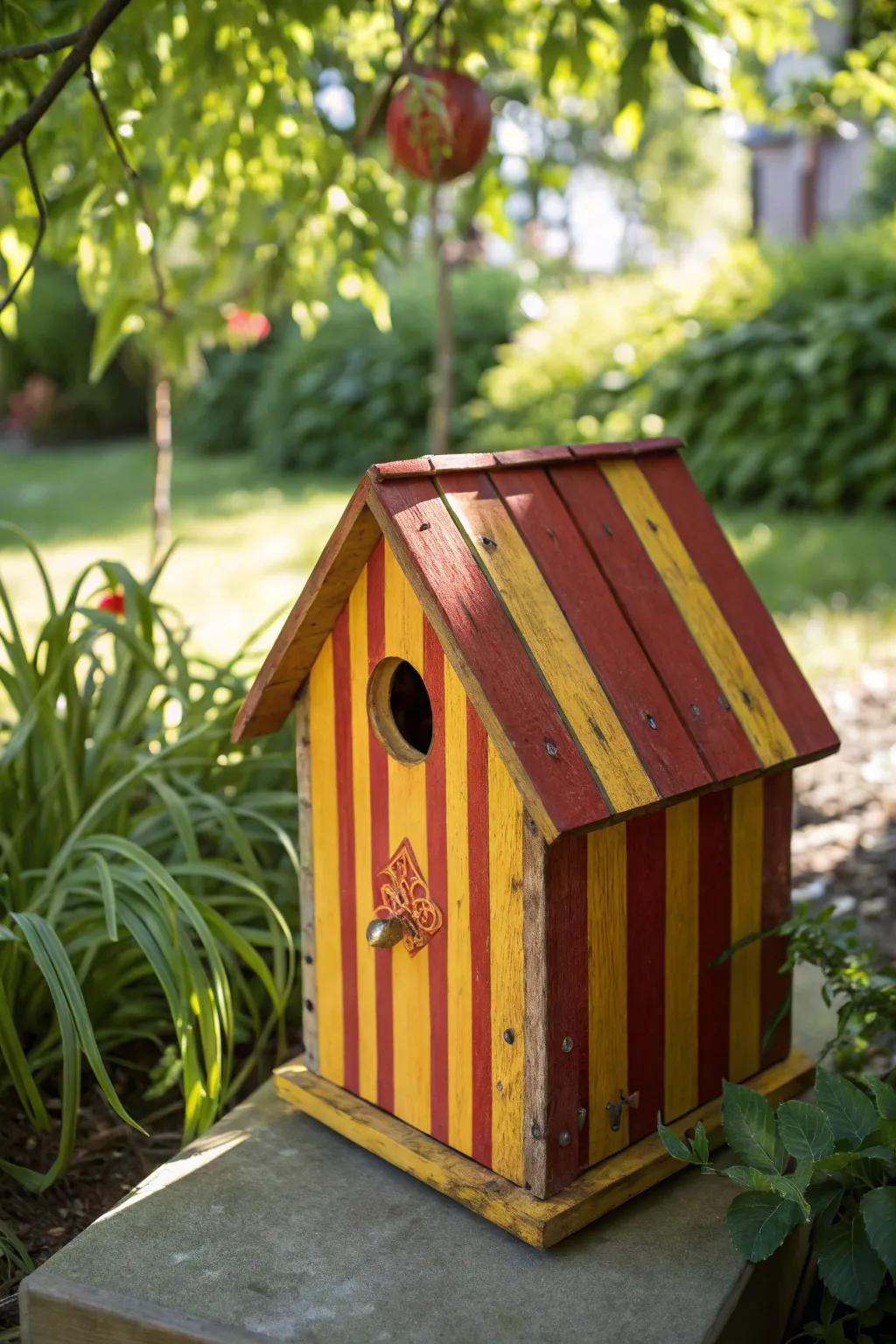 Make an impact in your garden with striking stripes: A lively birdhouse that excels in artistry and hue.
