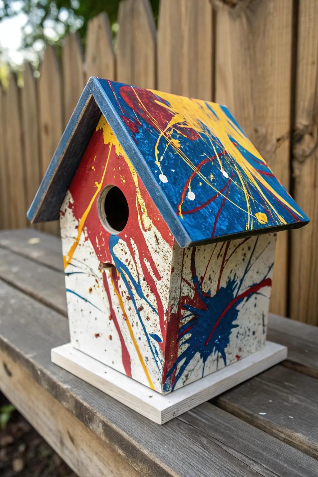 Transform your birdhouse into a striking conceptual masterpiece with a burst of hue.