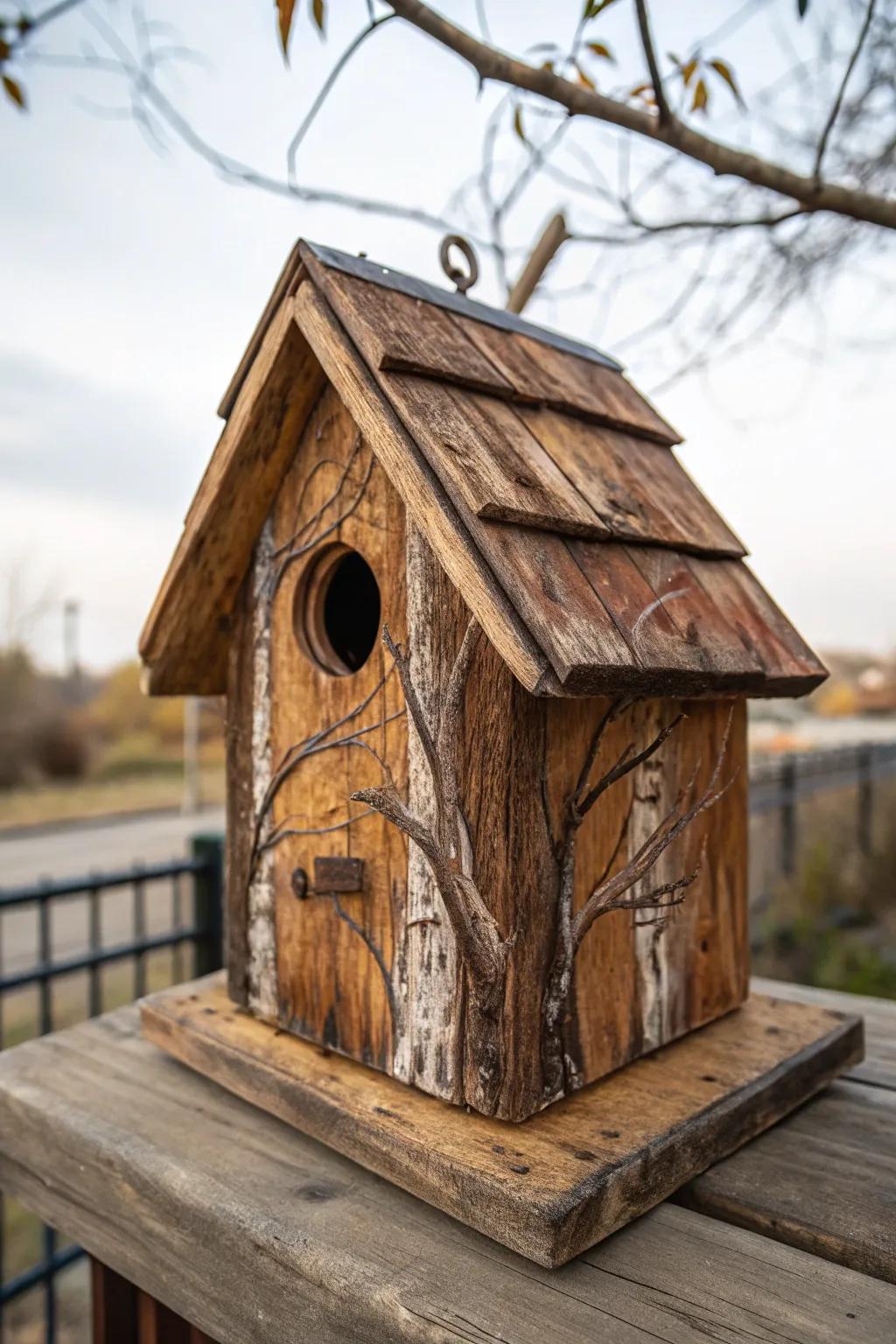 Embrace rustic appeal with handcrafted lumber patterns on your birdhouse.