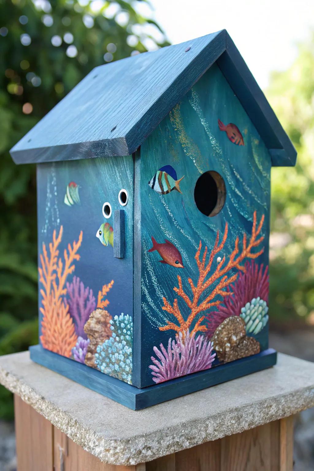 Immerse into creativity using this stunning aquatic-themed birdhouse, where craftsmanship meets oceanic artistry.