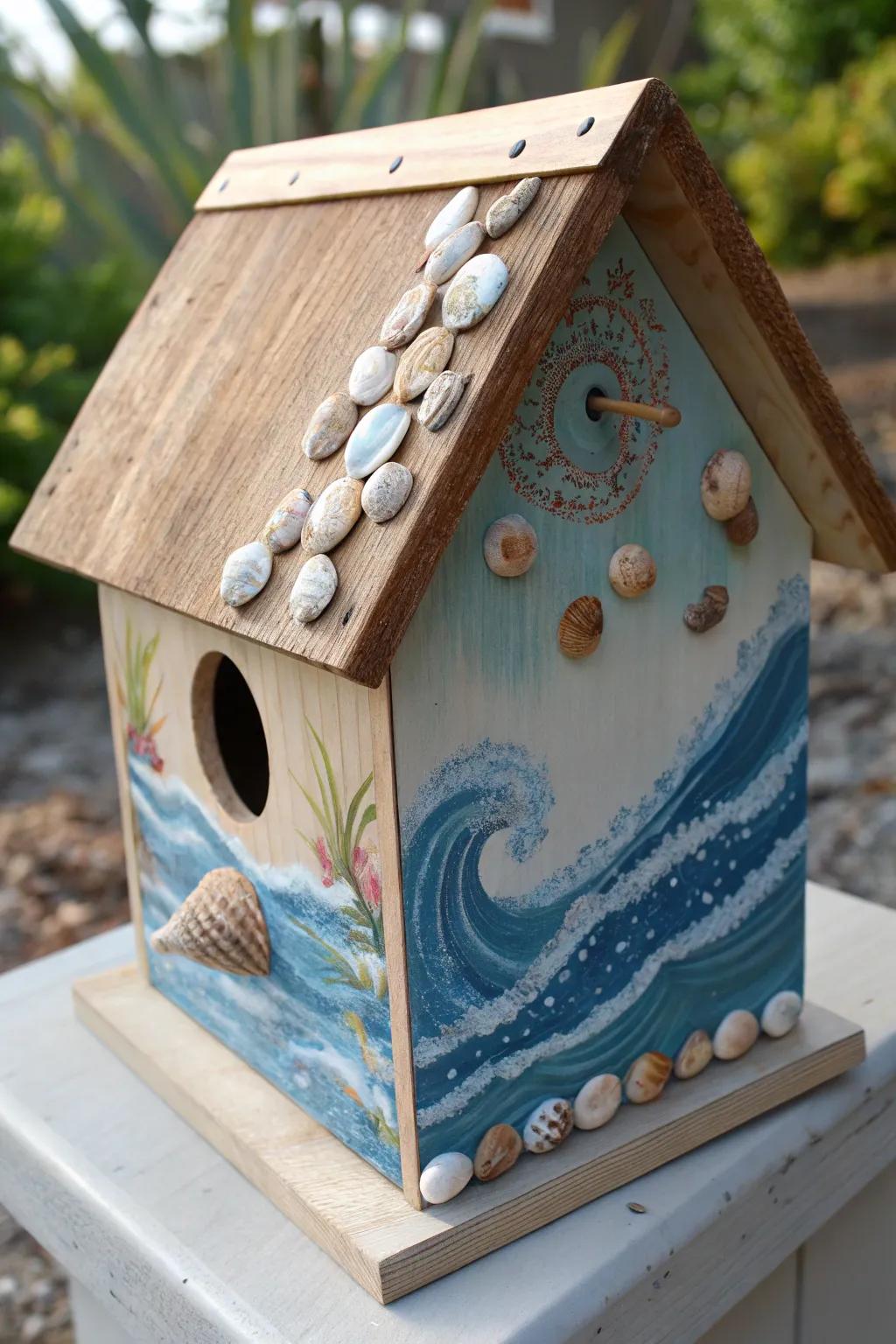 Convey the seaside charm to your garden using this striking coastal-themed birdhouse.