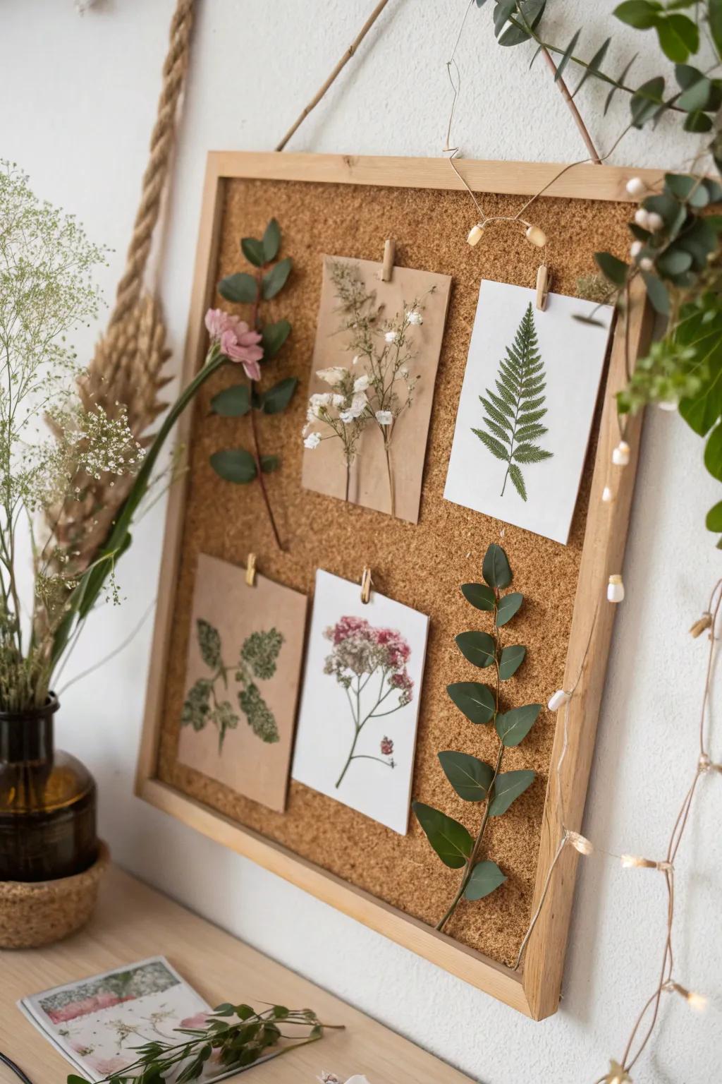 Bring the outdoors inside using a nature-inspired pin board, blending simplicity with bohemian style.