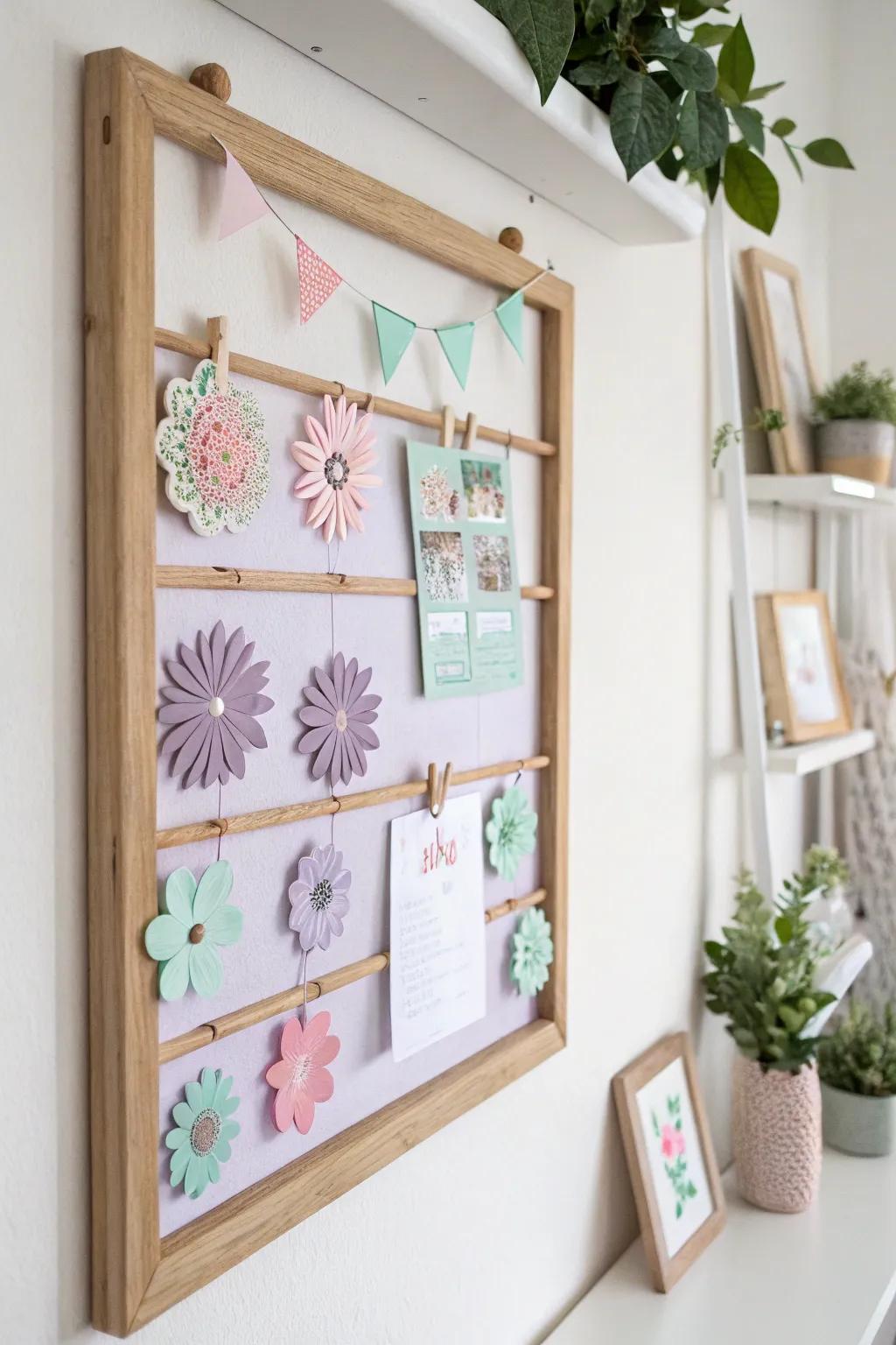 Enjoy the beauty of spring using a soft colored pin board that combines minimalist design with Boho appeal, excellent for seasonal ideas.