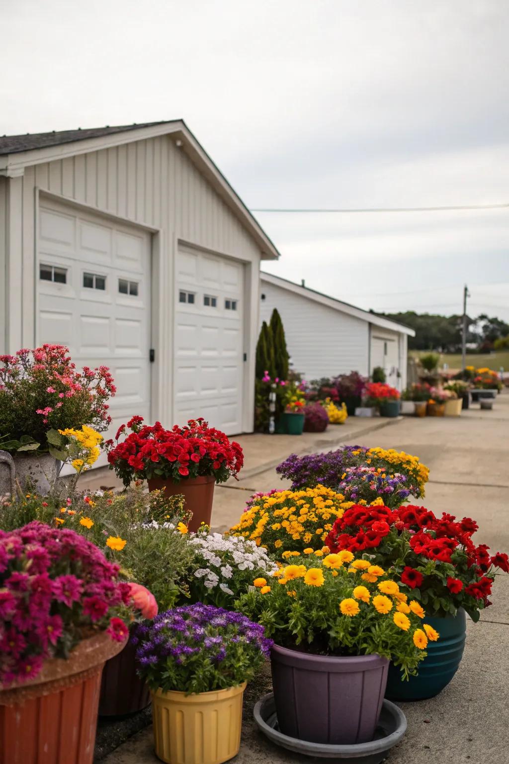 The front of the garage is filled with a burst of color thanks to the vibrant floral displays.
