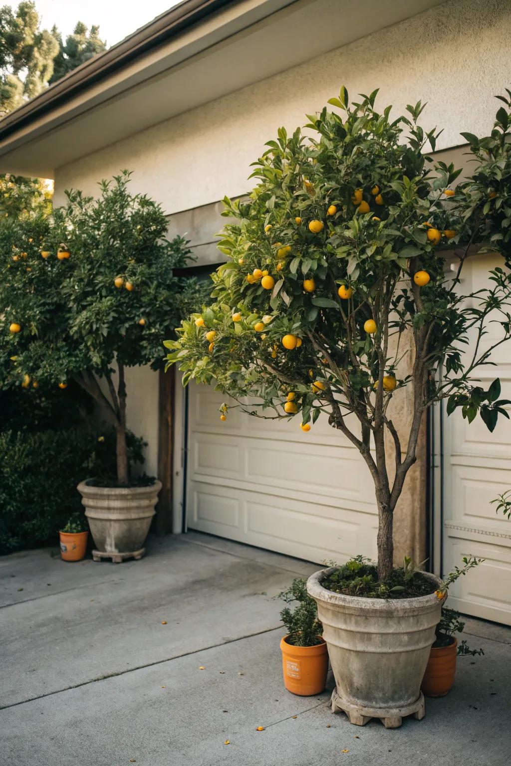 A small produce filled space with potted fruit trees adds beauty and fruitfulness.
