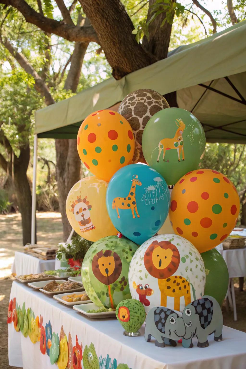 Vibrant safari balloons add festive height.