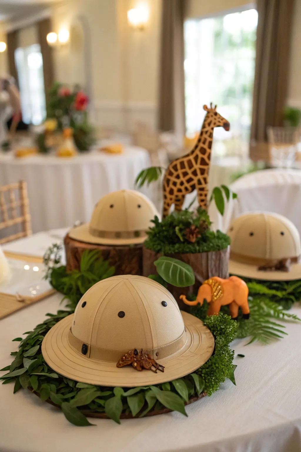 Mini safari hats add a fun, unique touch.