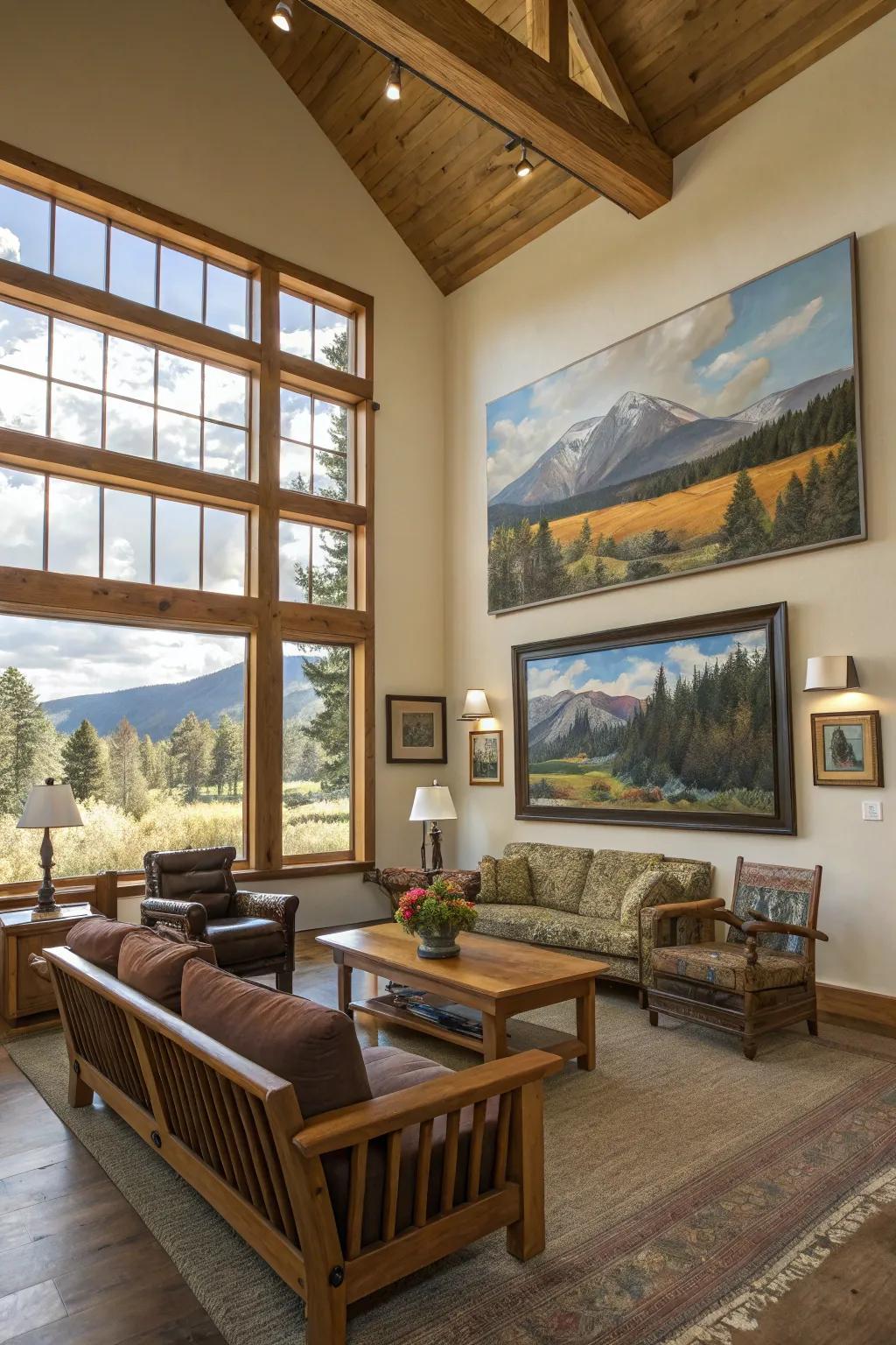Nature-themed art enhances the ranch-style vibe.