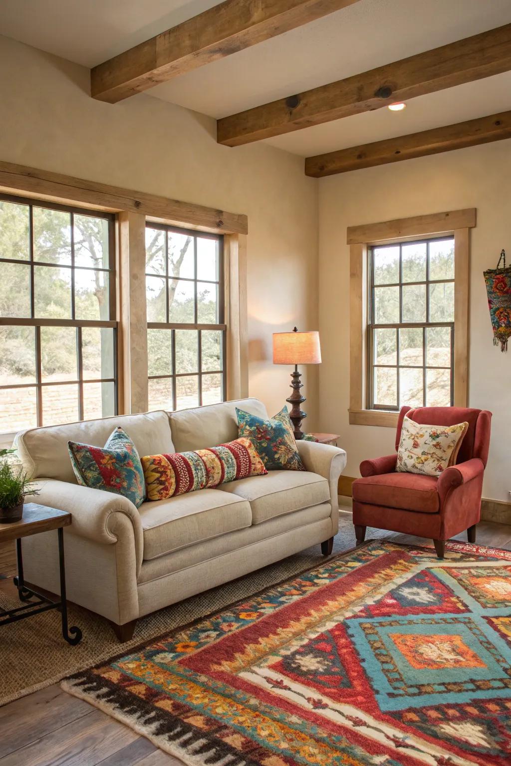 Neutral tones paired with vibrant accents create a balanced look.