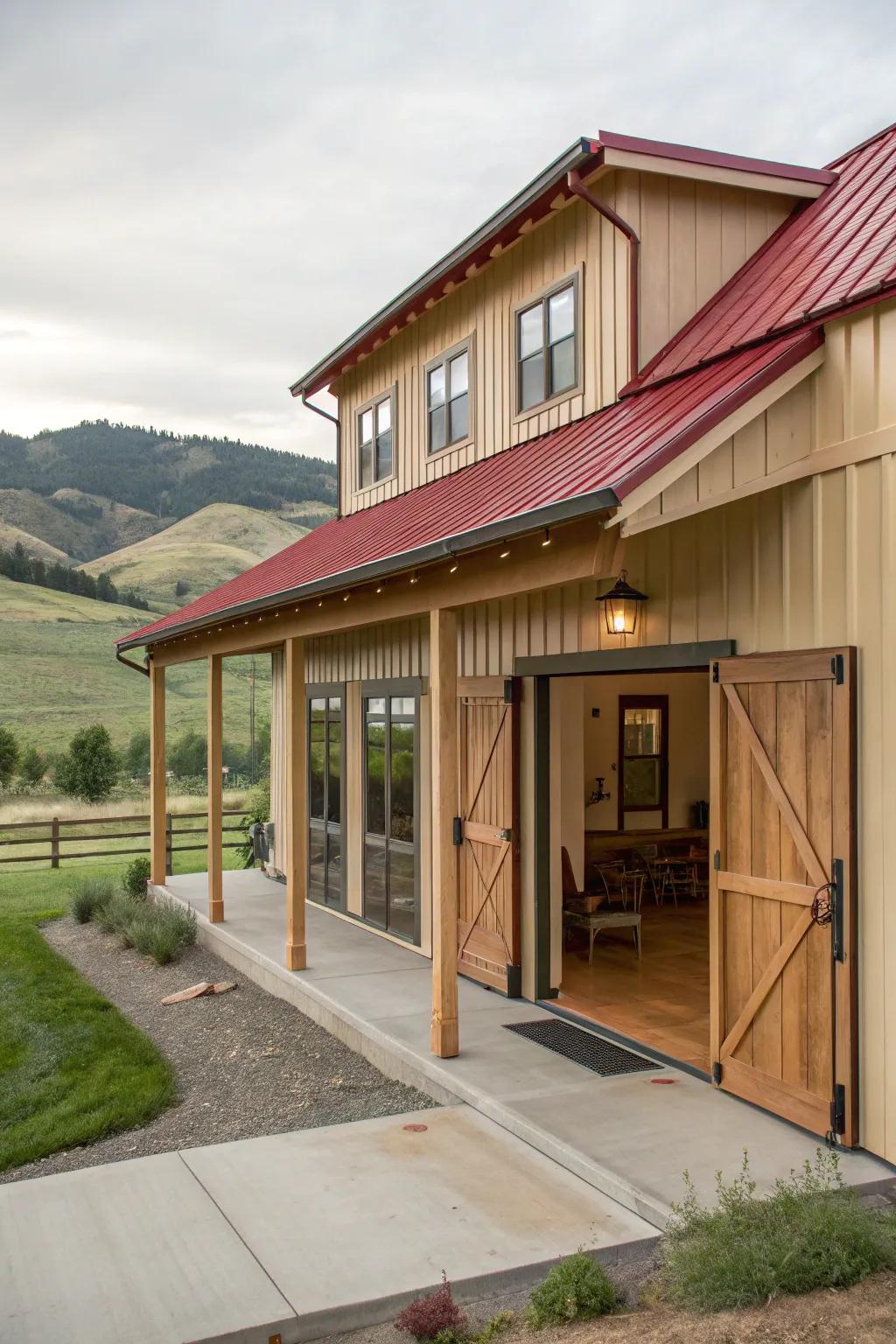 Farmhouse doors combine style and space-saving functionality.
