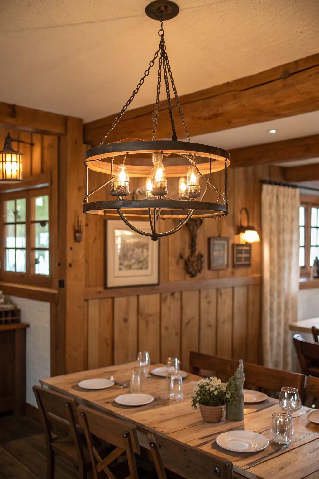 Rustic lighting enhances ambiance and character.