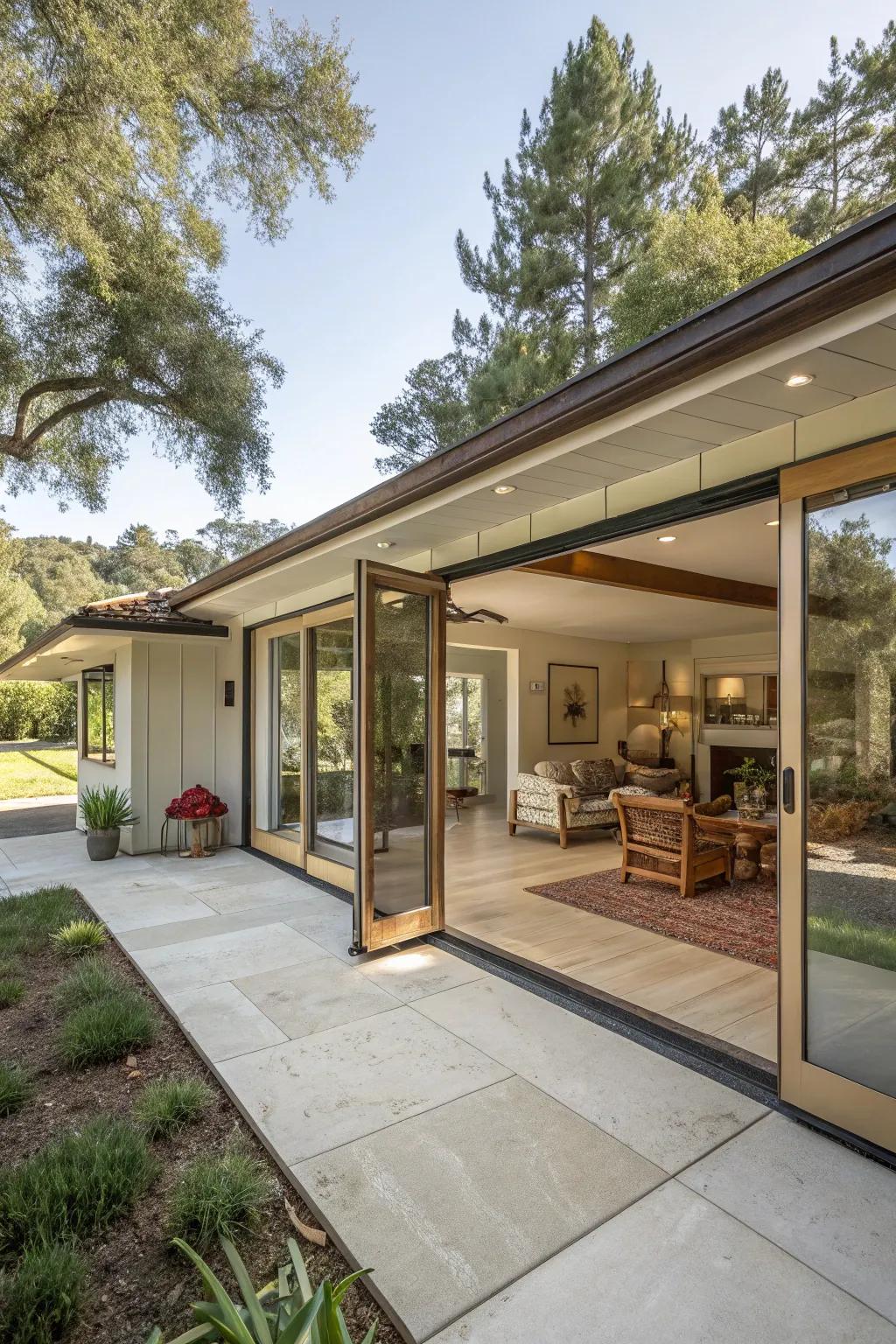 Smooth transitions between indoor and outdoor areas enhance ranch living.