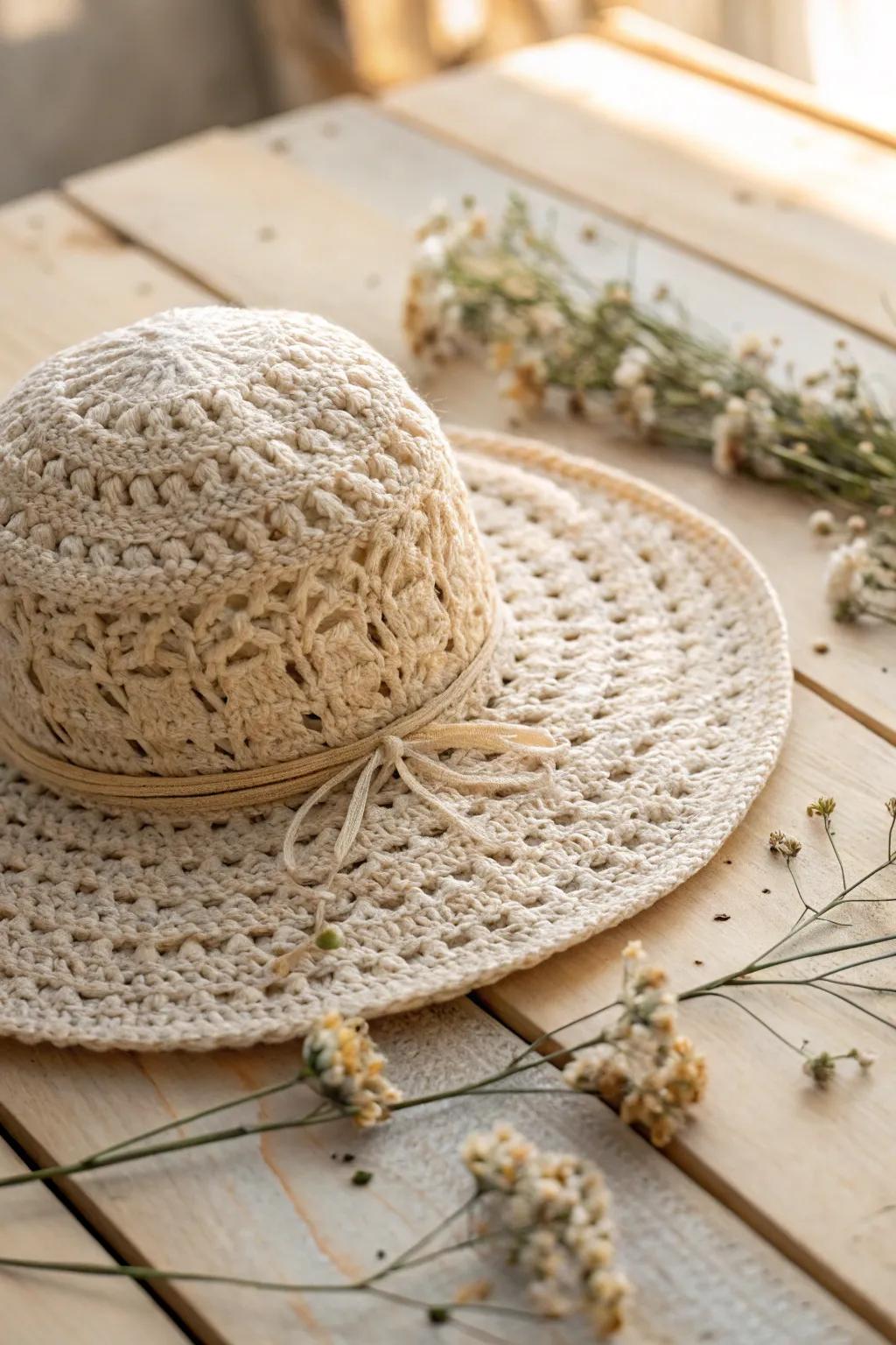 Enjoy sunny days with a handmade crochet sun hat that mixes simple with boho style.