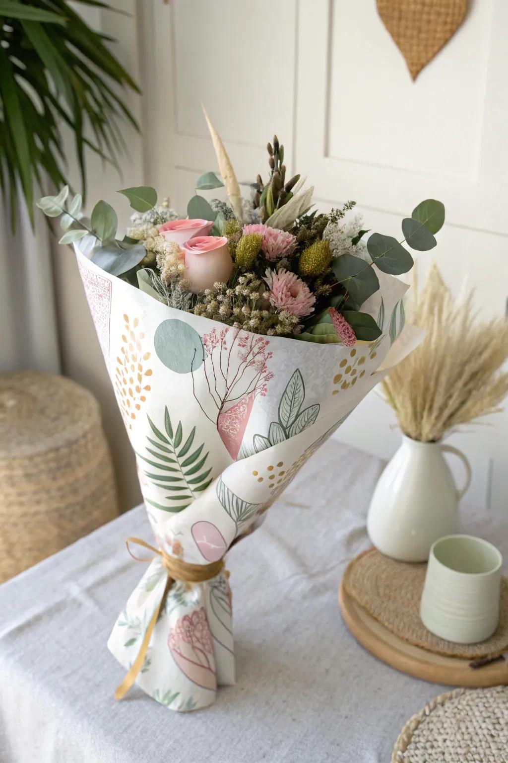 Enhance your floral gifts using artfully painted wrapping paper, where creativity meets simplicity.