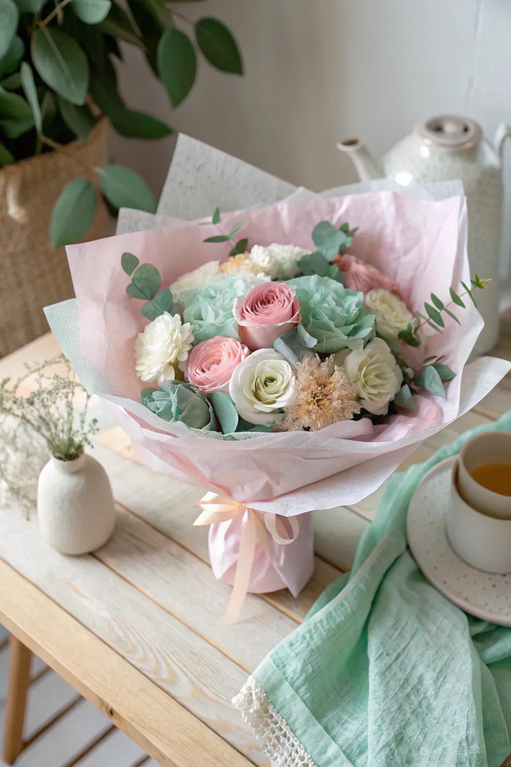 Step up your bouquet presentation using layered fiber paper for added color and texture. 🌸✨ #ScandinavianBoho #BouquetBeauty