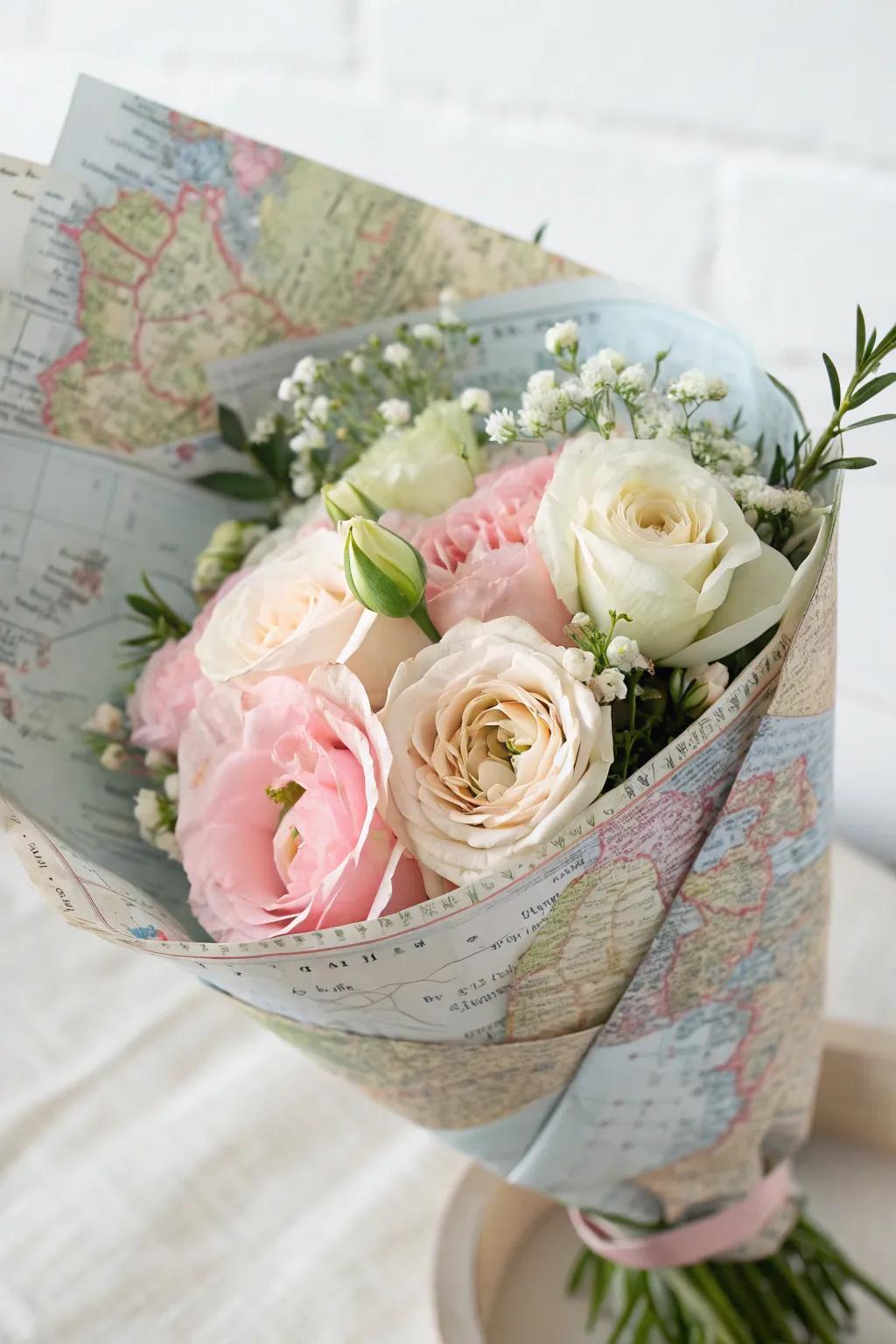 Set out on an adventure with a bouquet wrapped in memories of vintage topographics.