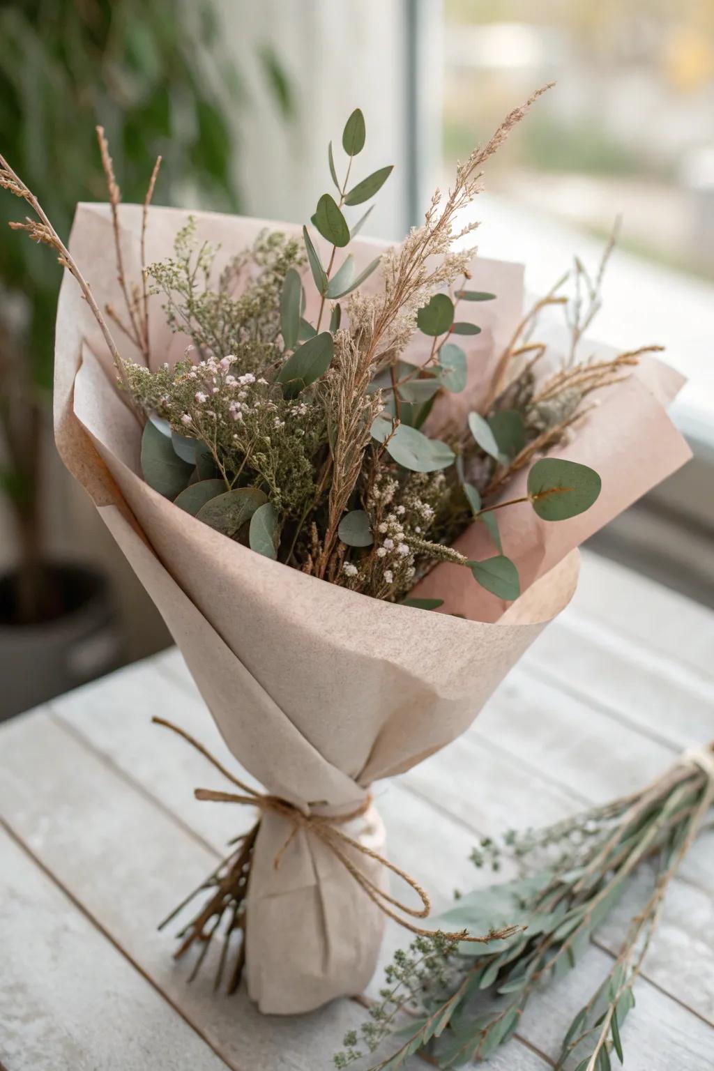 Embrace nature's simplicity with this elegantly wrapped bouquet, where branches and foliage add a touch of earthy charm.