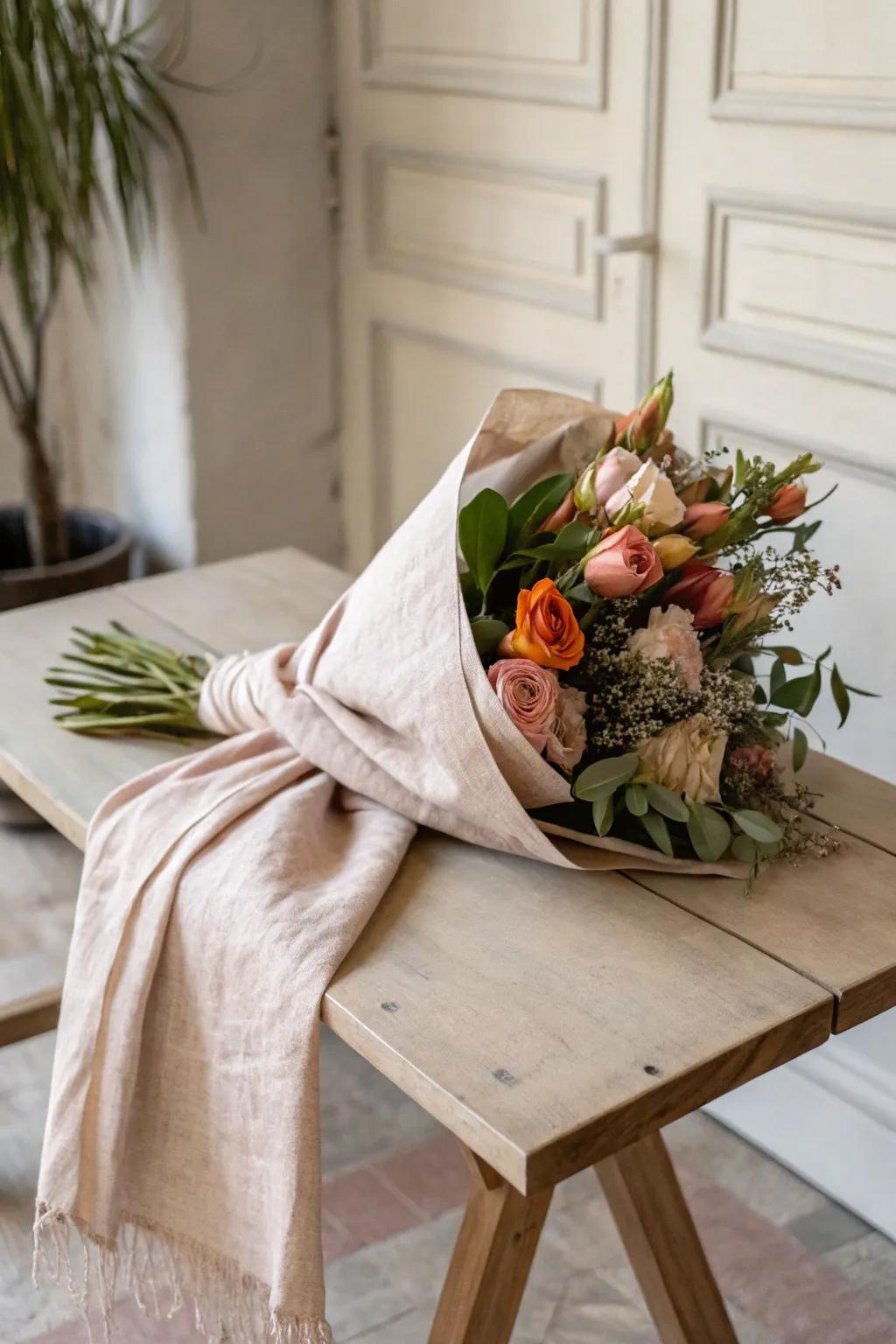 Enclose your blooms in silky elegance with cloth pieces for a dash of luxury and simplicity. 🌿✨ #ScandiBoho #FloralCraft