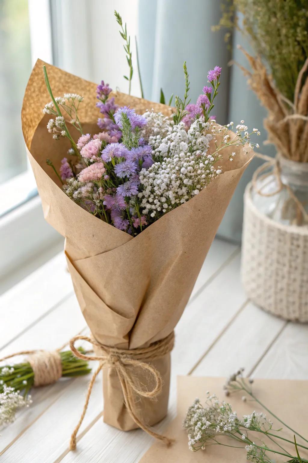 Elevate your bouquet with rustic beauty using a simple paper wrapper. Perfectly minimalist with a touch of Boho charm!
