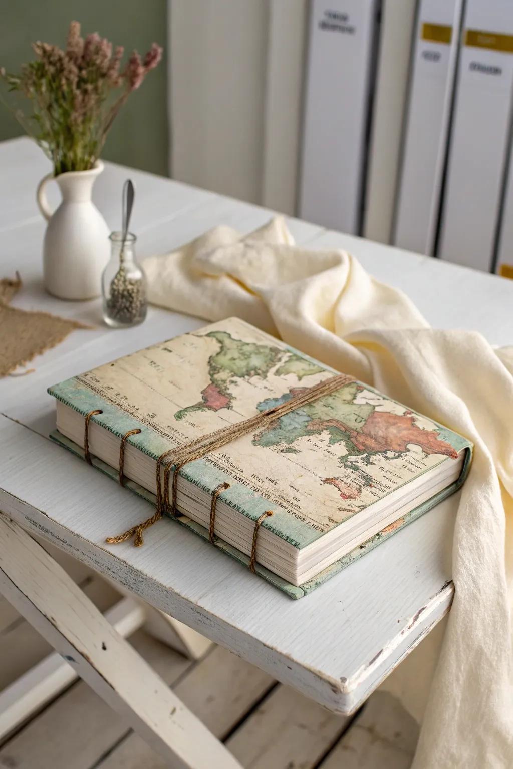 Ignite your wanderlust with a handmade journal wrapped in vintage maps, telling tales of distant lands.